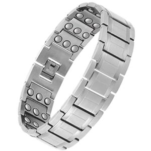 Feraco 3X Lymph Detox Magnetic Bracelets for Men Arthritis Pain & Carpal Tunnel Relief Lymphatic Drainage Titanium Steel Magnetic Therapy Bracelet with 3 Rows Ultra Strength Magnets (Silver)