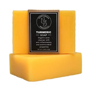 Turmeric Soap - All Natural Gentle Cleanser for All Skin Types. Fights Acne, Reduces Dark Spots & Fades Scars. No Stain Anti-Inflammatory Face & Body Cleanser for Men, Women & Teens. Only 6 Ingredients.