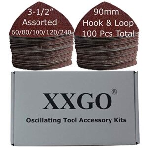XXGO 100 Pcs 3-1/2 Inch 90mm Triangular 60/80 /100/120 /240 Grits Hook & Loop Multitool Sandpaper for Wood Sanding Contains 20 of Each Fit 3.5 Inch Oscillating Multi Tool Sanding Pad XG9020