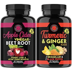Apple Cider Vinegar + Beetroot and Turmeric & Ginger Capsules (2-Pack Bundle) by Angry Supplements, All-Natural Weight Loss Detox Remedy, Nitric Oxide Booster, Boost Metabolism + Energy (120 Count)