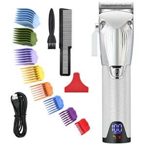 BESTBOMG Hair Clippers Cordless Hair Trimmer Professional Haircut Grooming Kit with 6 Guide Combs For Men Rechargeable LED Display, Silver