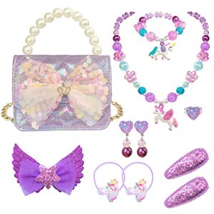 ELEMIRSA Girl Handbag Purse for Little Girls Kids Pretend Play Dress Up Necklace Hair Accessories Jewelry Set, Light Purple