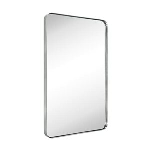 20x30 inch Brushed Nickel Stainless Steel Metal Framed Bathroom Mirror for Wall Mounted Rounded Rectangular Bathroom Vanity Mirror