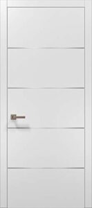 Modern White Modern Door 32x80 with Strips | Planum 0020 Matte White | Frame Trims Lever Satin Nickel Hardware | Closet Solid Core Door