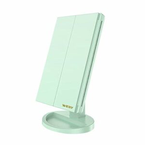 WEILY Lighted Vanity Makeup Mirror 1x/2x/3x Magnification Trifold with 36 LED Lights Touch Screen and USB Charging, 180 Degree Adjustable Stand for Countertop Cosmetic Makeup Mirror(Green)