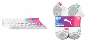 Puma Youth Girls No Show Socks,Cushioned Footbed Mesh Ventilation Comfort Toe Arch Support (10-pair) (Shoe Size 4-9.5)