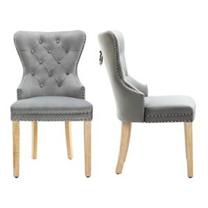 adochr Velvet Fabric Accent Dining Chairs, Room for Used Solid Wood with Button and Nails Set of 2 (Light Grey)