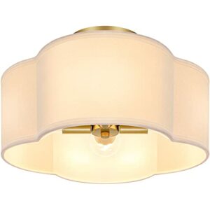 4-Light Semi Flush Mount Ceiling Light Fixture, Gold Modern Close to Ceiling Lamp with White Fabric Shade, Farmhouse Bright Lighting Brass Finish for Nursery Kids Room Bedroom Kitchen Hallway Entryway
