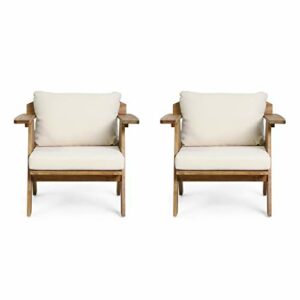 Christopher Knight Home Arcola Outdoor Acacia Wood Club Chairs with Cushions (Set 2), Teak Finish, Beige