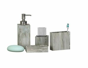 NuSteel Resin Stone Hedge Bath Accessory Set for Vanity Countertops, 4 Piece Luxury Ensemble Includes Dish, Toothbrush Holder, Tumbler, soap and Lotion Pump, Marble Finish