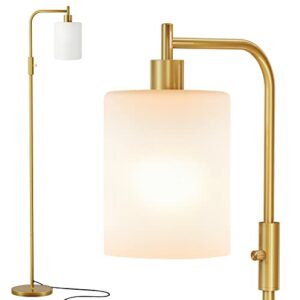 SUNMORY Industrial Floor Lamps for Living Room, Modern Floor Lamp with 3-Color Temperature LED Bulb, Tall Standing Lamp with White Frosted Hanging Glass Shade, Farmhouse Gold Floor Lamp for Bedroom