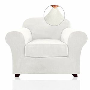 Real Velvet Stretch Chair Covers 2 Piece Armchair Cover Slipcovers - Include Base Cover and Cushion Cover - Sofa Covers Couch Covers 1 Seater Chair Slip Cover, Feature Thick Soft Velour, Off White