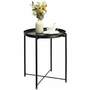 danpinera Side Table Round Metal, Outdoor Side Table Small Sofa End Table Indoor Accent Table Round Metal Coffee Table Waterproof Removable Tray Table for Living Room Bedroom Balcony Office Black