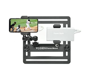VGSION Aluminum Cell Phone / Action Camera Fence Mount for iPhone, Mevo Start, GoPro with Two Phone Clips, Angle Adjustable, Support Recording While Charging for Tennis, Baseball Games