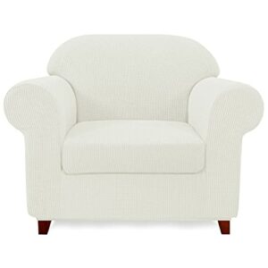 subrtex Stretch Armchair Sofa Slipcover 2 Piece Sofa Cover 1 Seater Soft Couch Slipcover Washable Furniture Covers, Jacquard Fabric Small Checks(Off-White,Armchair)