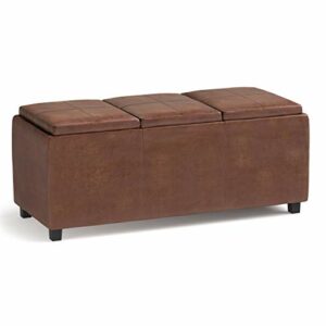 SIMPLIHOME Avalon 42 inch Wide Rectangle Storage Ottoman in Upholstered Distressed Saddle Brown Faux Leather, Coffee Table for the Living Room, Bedroom, Contemporary