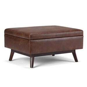 SIMPLIHOME Owen 34 inch Wide Rectangle Coffee Table Lift Top Storage Ottoman, Cocktail Footrest Stool in Upholstered Distressed Saddle Brown Faux Leather, Mid Century Modern, Living Room