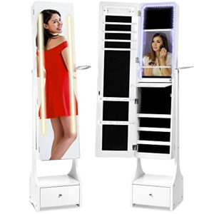 Best Choice Products Full Length Standing LED Mirror, Jewelry & Makeup Storage Cabinet Armoire w/Interior & Exterior Lights, Lockable Magnet Door, Touchscreen, Velvet Lining, Shelves, Drawer - White