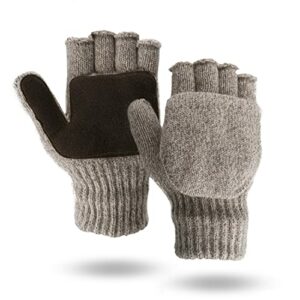 Illinois Glove Company 360L Rag Wool Glomitt Flip Mitten 3M Thinsulate Lined Soft Leather Grip Palm L Tan, Soft Leather Palm for Grip, Elastic Wrist, Mitten Flips Open to Expose Fingerless Gloves