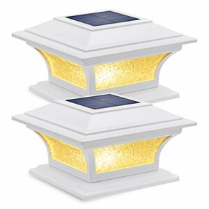 Siedinlar Solar Post Lights Outdoor Glass LED Fence Cap Light 2 Modes for 4x4 5x5 6x6 Posts Patio Deck Garden Decoration Warm White/Cool White Lighting White (2 Pack)