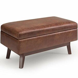 SIMPLIHOME Owen 36 inch Wide Rectangular Coffee Table Lift Top Storage Ottoman, Cocktail Footrest Stool in Upholstered Distressed Saddle Brown Faux Leather for the Living Room, Mid Century Modern