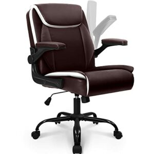 neo chair Office Chair Adjustable Desk Chair Mid Back Executive Desk Comfortable PU Leather Chair Ergonomic Gaming Chair Back Support Home Computer Desk with Flip-up Armrest Swivel Wheels (Brown)