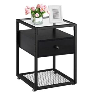 VECELO Nightstands,Glass Top Black End Tables with Drawer and Metal Frame,for Living Room,Bedroom,Lounge