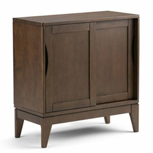 SIMPLIHOME Harper SOLID WOOD 30 inch Wide Mid Century Modern Low Storage Cabinet in Walnut Brown, with Large Space Behind 2 Sliding Notched Handle Doors with 2 Adjustable Shelves