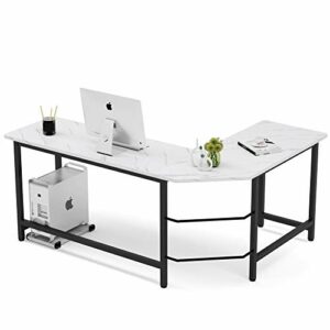 Tribesigns 66 inch Modern L Shaped Desk, Corner Computer Desk PC Laptop Gaming Table Workstation for Home Office, White Faux Marble/Black Metal Frame