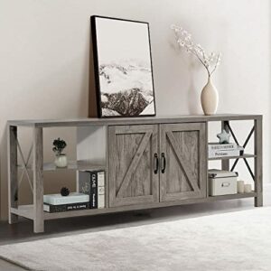 70 inch Barn Door TV Stand Up to 75 inch TVs for Living Room, Industrial & Rustic TV Stand Farmhouse Entertainment Center with Storage and Shelves, Long TV Stand Console, Grey Wash