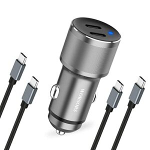 Dual USB C Car Charger, 60W PD (30W + 30W) Super Fast Charging Adapter Metal Compatible for Samsung Galaxy S22 Ultra/Plus/S21 Fe, Note 20/10, Google Pixel 6 Pro/6, iPad + 2X Type C to C Cable 3.3Ft