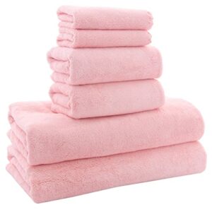 MOONQUEEN Ultra Soft Towel Set - Quick Drying - 2 Bath Towels 2 Hand Towels 2 Washcloths - Microfiber Coral Velvet Highly Absorbent Towel for Bath Fitness, Bathroom, Sports, Yoga, Travel (Pink, 6 Pcs)