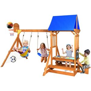 SuniBoxi Wooden Swing Set/Playset Made for Small Yards and All Kids Age 3-6, 6-in-1 Playground Set with Picnic Table Drawing Board Sandboxes Swings Basketball Hoop Soccer Net