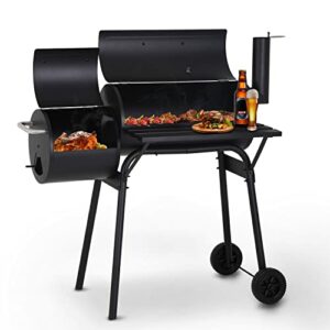 Charcoal Grills Outdoor BBQ Grill Offset Smoker with Wheels Side Fire Box Portable Barbecure Grill for Outdoor Cooking Backyard Camping Picnics,Black