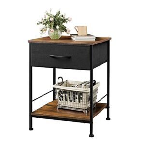 WLIVE Nightstand, End Table with Fabric Storage Drawer and Open Wood Shelf, Bedside Furniture with Steel Frame, Side Table for Bedroom, Dorm, Easy Assembly, Black and Rustic Brown