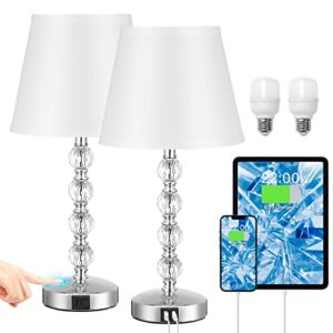 Bedside Lamps for bedrooms Set of 2 - Crystal Nightstand Bedroom Lamps with USB C USB-A Charging Ports, 3 Way Dimmable Touch Control Silver Small Bed Side Table Lamp for Living Room/Guest Room