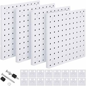 4 Pieces Pegboard Wall Mount Display Pegboard Wall Panel Kits Pegboard Organizer Accessories, 2 Installation Methods, No Damage to The Wall for Garage Kitchen Bathroom Office (White)