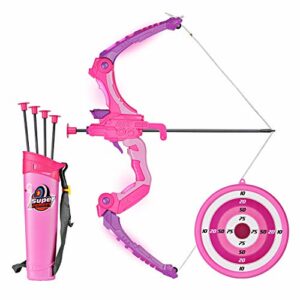 SainSmart Jr. Kids Bow and Arrows, Light Up Archery Set for Kids Outdoor Hunting Game with 5 Durable Suction Cup Arrows, Luminous Bow and Sighting Device,Pink