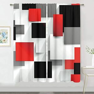 MESHELLY Red Black Grey Geometric Curtains 42 W x 63H Inch Rod Pocket Abstract Mid Century Bedroom Decor for Men Girls Square Modern Multicolor Checkered Art Printed Living Room Window Drapes 2 Panels