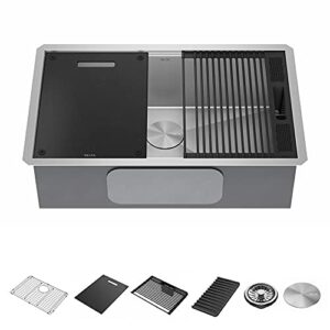 DELTA Rivet 30-Inch Workstation Kitchen Sink Undermount 16 Gauge Stainless Steel Single Bowl with WorkFlow Ledge and Chef’s Kit of 6 Accessories, 95B931-30S-SS