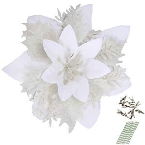 Greentime 12 Pcs 5.5 in Artificial White Poinsettia Flowers with Clips and Stems Glitter Christmas Tree Ornaments for Xmas Wedding Party Wreath DIY Decor