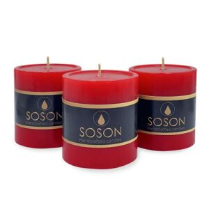 Simply Soson Premium 3x3 Inch Red Pillar Candles Set of 3 - Unscented Candles - Large Candle for Candle Holders Velas Decorativas Red Candles Pillar Colored Candles Fall Pillar Candles Bulk