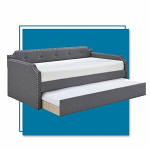 ClickDecor Bella Upholstered Daybed Sofa with Roll Out Trundle Guest Bed, Twin Size Frame, Button Tufted with Plump Padding, Single, Dark Gray