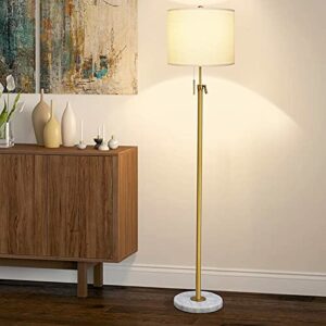Modern Floor Lamp for Living Room, Adjustable Height Standing Lamp with Marble Base,3-Way Dimmable Gold Brass Tall Pole Light with White Linen Shade for Reading,Bedroom,Pull Chain Switch,Bulb Included