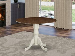 East West Furniture DMT-WLW-TP Dublin Dining Made of Rubber Wood offering Walnut Finish Table Top with Two 9 Inch Drop Leaves, 42 Inch Round, Linen White Pedestal