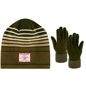 True Religion Beanie Hat and Gloves Set, Faux Sherpa Lined Cuff Winter Knit Cap and 2 Tone Fleece Lined Mittens, Olive, One Size