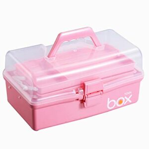 Kinsorcai 12'' Three-Layer Clear Plastic Storage Box/Tool Box, Multipurpose Organizer and Portable Handled Storage Case for Art Craft and Cosmetic (Pink)