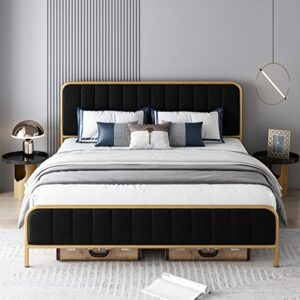 HITHOS King Size Bed Frame, Upholstered Bed Frame with Button Tufted Headboard, Heavy Duty Metal Mattress Foundation with Wooden Slats, Easy Assembly, No Box Spring Needed (Golden/Black, King)