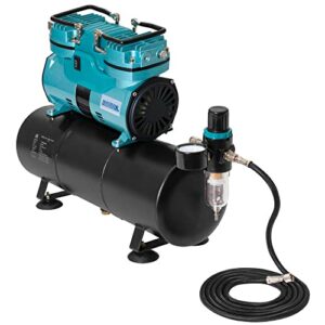 Professional Cool Running Master Airbrush 1/4 hp Twin Cylinder Piston Air Compressor with Extra Large Storage Tank - Model TC-96T High Airflow Performance 40 Ltrs/Minute - Hose, Regulator Water Trap