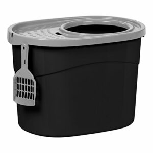 IRIS USA Large Simple Round Top Entry Cat Litter Box with Scoop, Curved Kitty Litter Pan with Litter Particle Catching Cover and Privacy Walls, Black/Gray